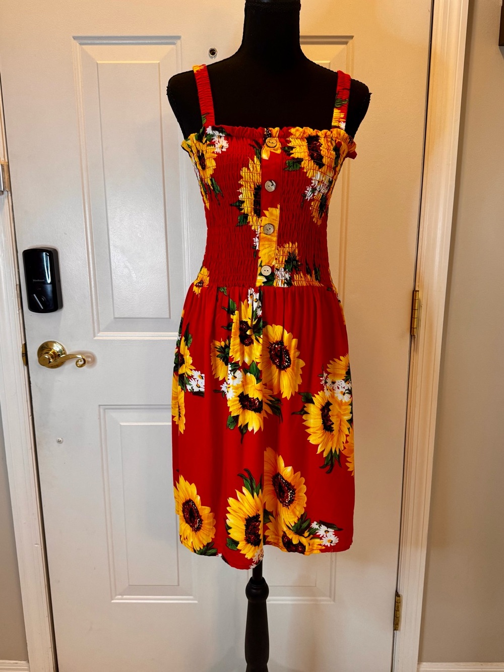 Red Sunflower Sundress with Smocked Bodice